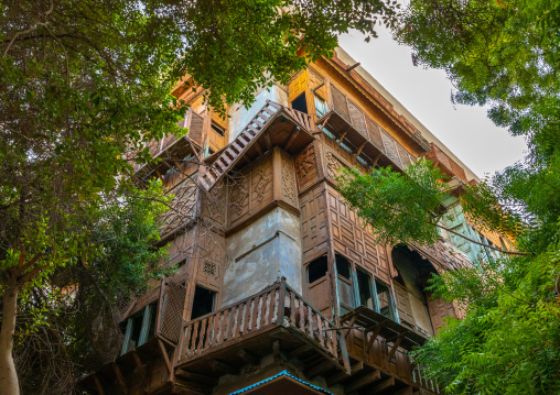 Old house with wooden mashrabiya in al-Balad quarter, Mecca province, Jeddah, Saudi Arabia