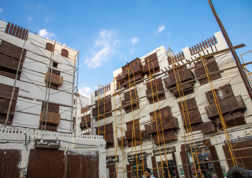 Restoration of an old house with wooden mashrabiyas in al-Balad quarter, Mecca province, Jeddah, Saudi Arabia