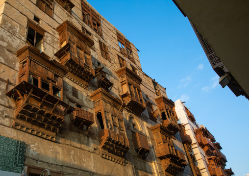 Old house with wooden mashrabiya in al-Balad quarter, Mecca province, Jeddah, Saudi Arabia