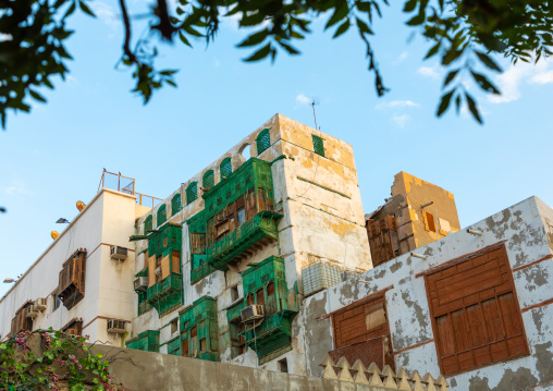 Old houses with wooden mashrabiyas in al-Balad quarter, Mecca province, Jeddah, Saudi Arabia
