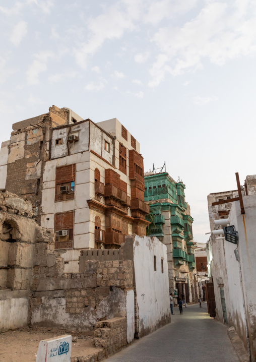 Old houses with wooden mashrabiyas in al-Balad quarter, Mecca province, Jeddah, Saudi Arabia