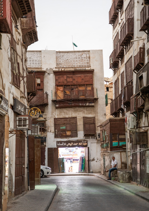 Old houses with wooden mashrabiyas in al-Balad quarter, Mecca province, Jeddah, Saudi Arabia
