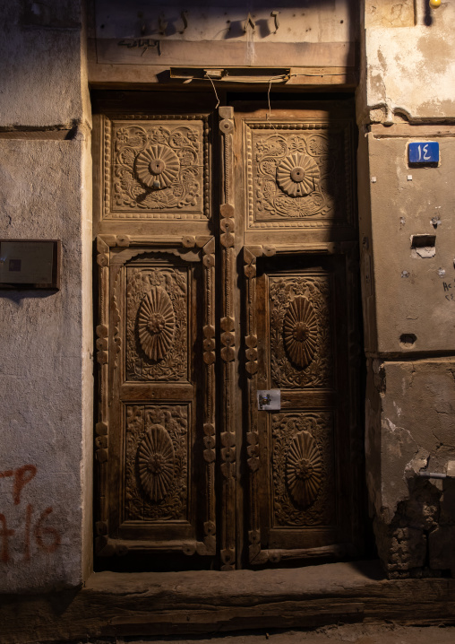 Wooden door of an historic house in the old quarter of al-Balad, Mecca province, Jeddah, Saudi Arabia