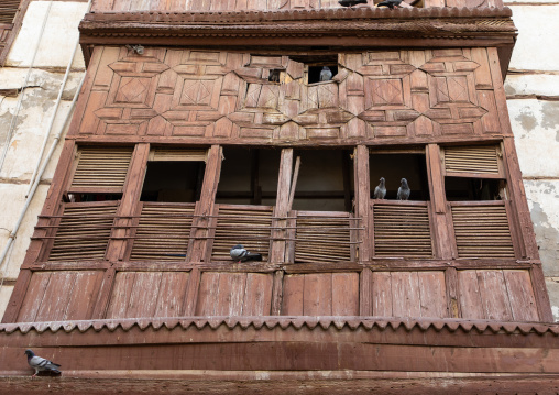 Wooden mashrabiya of an old house in al-Balad quarter, Mecca province, Jeddah, Saudi Arabia