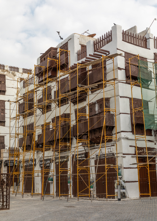 Restoration of an old house with wooden mashrabiyas in al-Balad quarter, Mecca province, Jeddah, Saudi Arabia