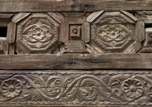 Detail of a wooden mashrabiya of an old house in al-Balad quarter, Mecca province, Jeddah, Saudi Arabia