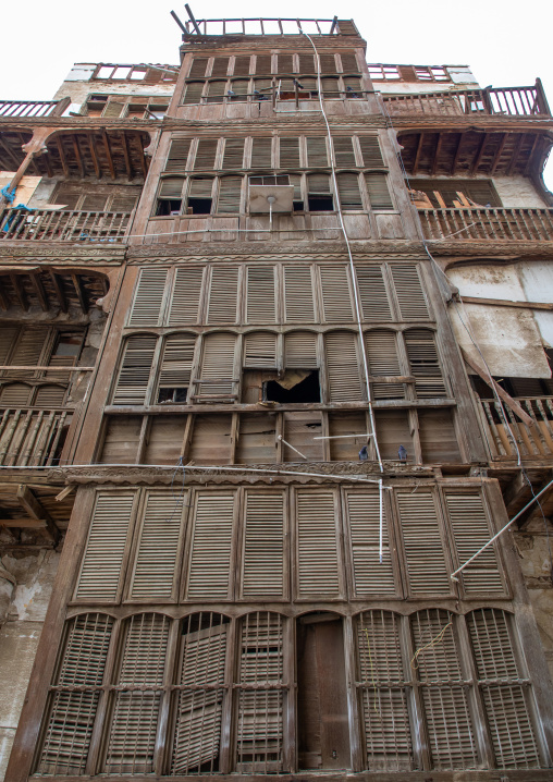 Old house with wooden mashrabiya in al-Balad quarter, Mecca province, Jeddah, Saudi Arabia