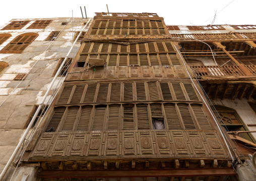Old house with wooden mashrabiya in al-Balad quarter, Mecca province, Jeddah, Saudi Arabia