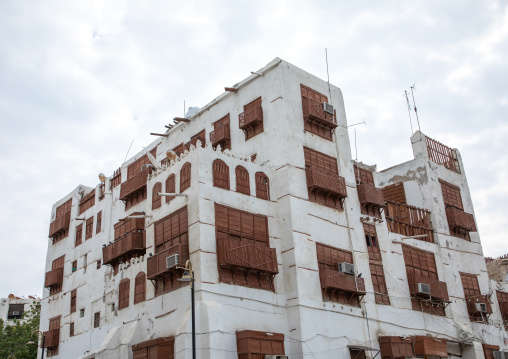 Old house with wooden mashrabiya in al-Balad quarter, Mecca province, Jeddah, Saudi Arabia