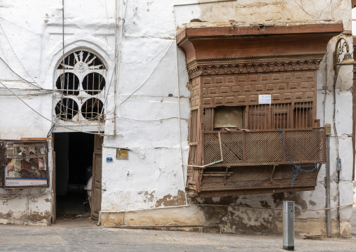 Wooden mashrabiya of an old house in al-Balad quarter, Mecca province, Jeddah, Saudi Arabia