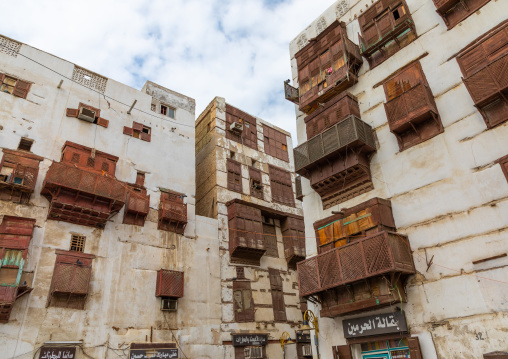 Old houses with wooden mashrabiyas in al-Balad quarter, Mecca province, Jeddah, Saudi Arabia