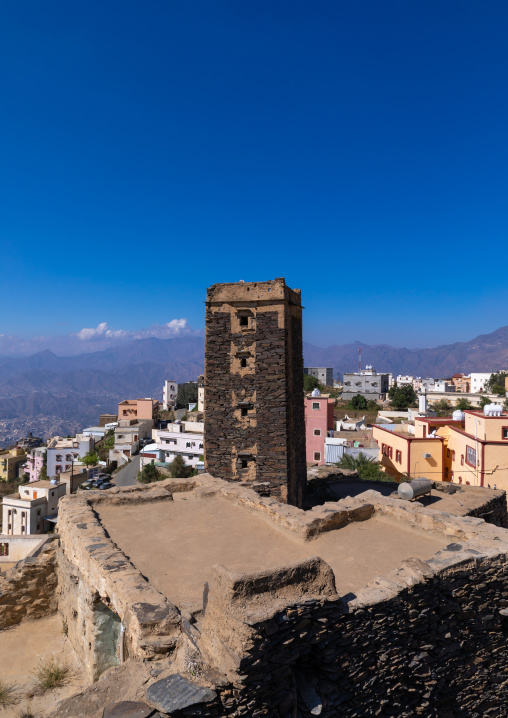 Stone watchtower in the middle of a village in the mountains, Jizan Province, Addayer, Saudi Arabia
