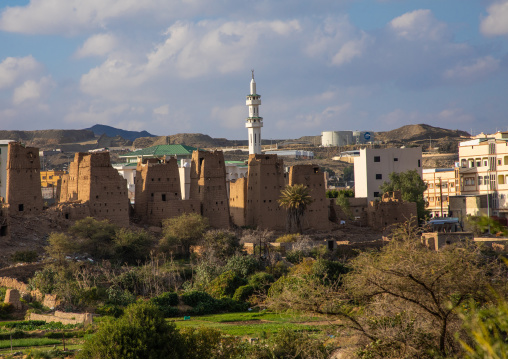 Aerial view of an old village with traditional mud houses, Asir province, Dhahran Al Janub, Saudi Arabia