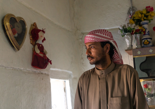 Saudi farmer in his traditional house, Najran Province, Najran, Saudi Arabia