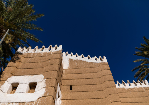 Traditional old mud house against blue sky, Najran Province, Najran, Saudi Arabia