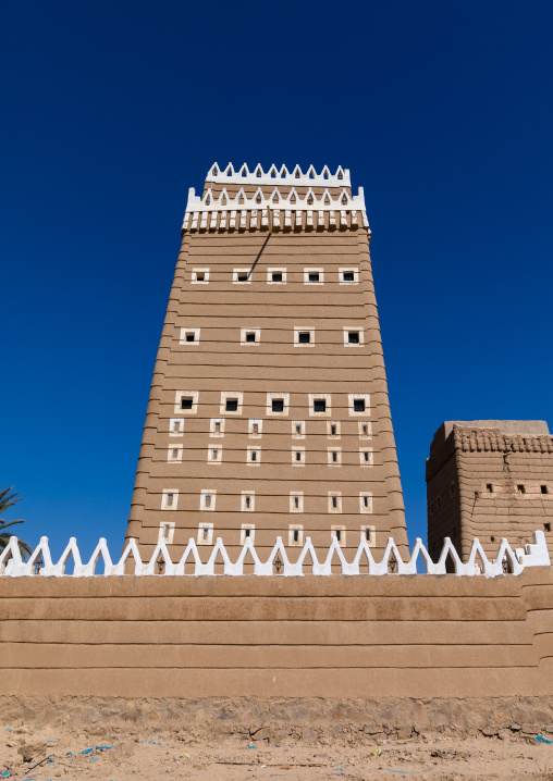 Traditional old mud house against blue sky, Najran Province, Najran, Saudi Arabia
