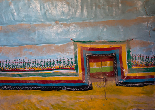 Al-qatt al-asiri traditionally female interior window decoration in an abandonned house, Asir province, Sarat Abidah, Saudi Arabia