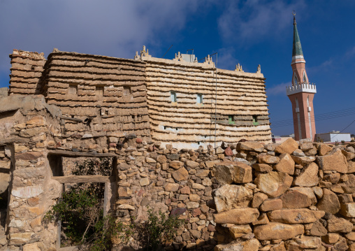 Stone and mud houses with slates in al Khalaf village, Asir province, Sarat Abidah, Saudi Arabia