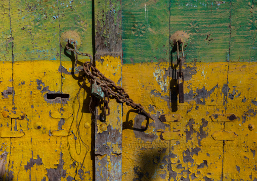 Old colorful door in al Khalaf village, Asir province, Sarat Abidah, Saudi Arabia
