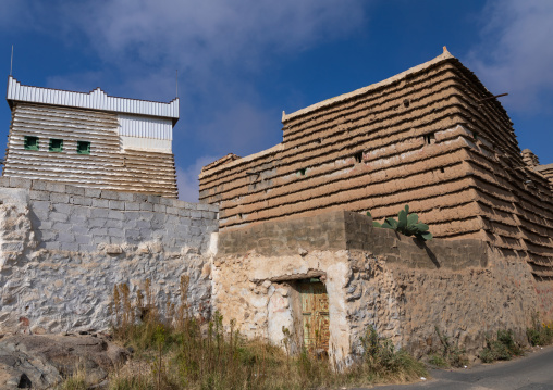 Stone and mud houses with slates in al Khalaf village, Asir province, Sarat Abidah, Saudi Arabia