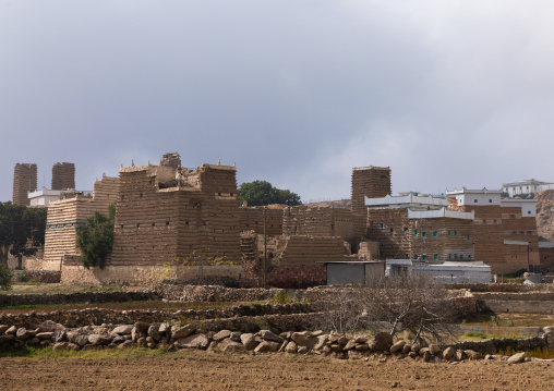 Stone and mud houses with slates in al Khalaf village, Asir province, Sarat Abidah, Saudi Arabia
