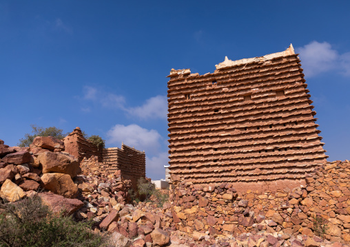Red stone and mud houses with slates in a village, Asir province, Sarat Abidah, Saudi Arabia