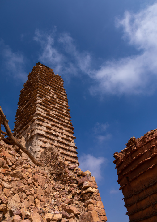 Aerial view of stone and mud watchtower with slates in a village, Asir province, Sarat Abidah, Saudi Arabia