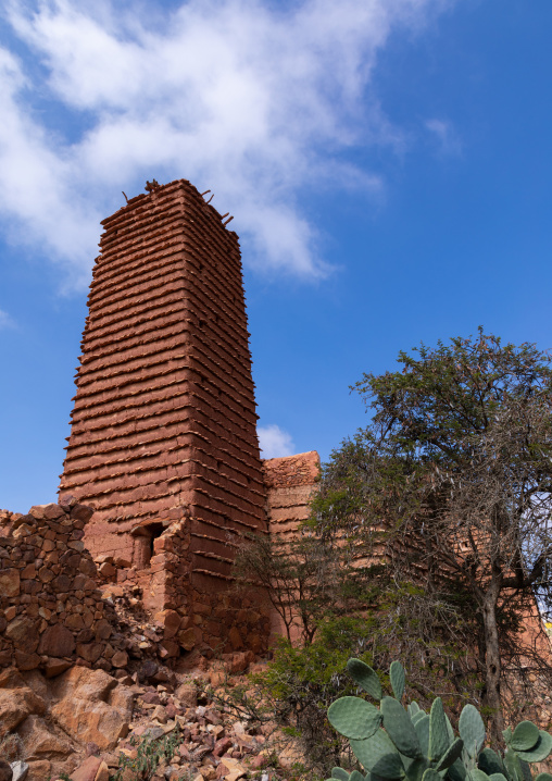 Aerial view of stone and mud watchtower with slates in a village, Asir province, Sarat Abidah, Saudi Arabia