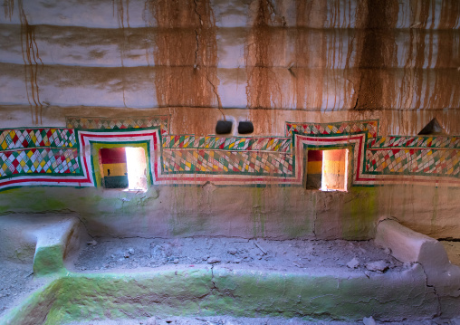 Al-qatt al-asiri traditionally female interior window decoration in an abandonned house, Asir province, Sarat Abidah, Saudi Arabia