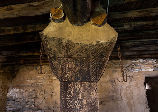 Wooden pillar in an old of of Dhee Ayn marble village, Al-Bahah region, Al Mukhwah, Saudi Arabia