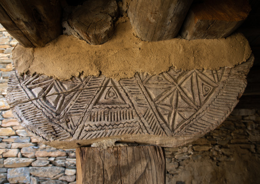 Wooden pillar in an old of of Dhee Ayn marble village, Al-Bahah region, Al Mukhwah, Saudi Arabia