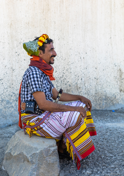 Portrait of a flower man wearing a floral crown on the head, Jizan Province, Addayer, Saudi Arabia