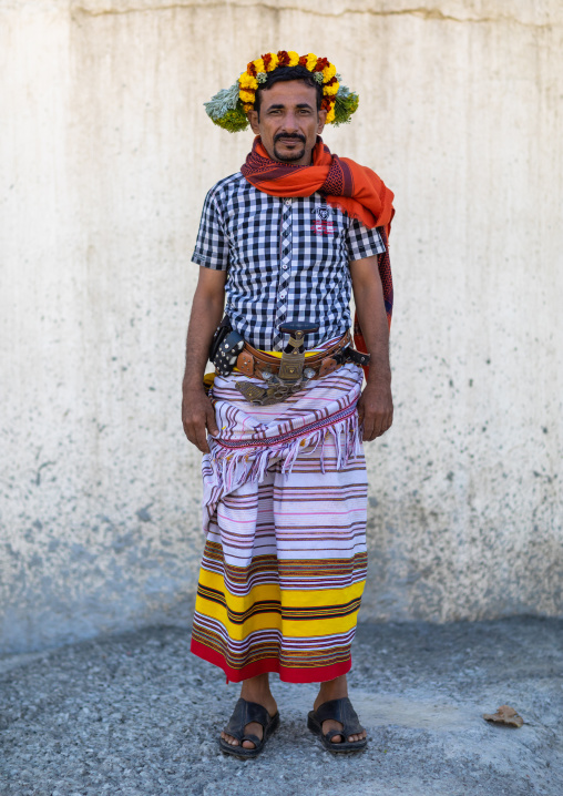 Portrait of a flower man wearing a floral crown on the head, Jizan Province, Addayer, Saudi Arabia