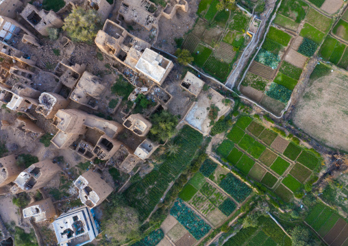 Aerial view of an old village with traditional mud houses, Asir province, Dhahran Al Janub, Saudi Arabia