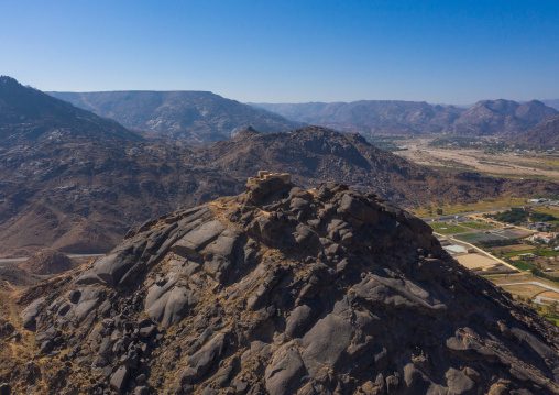 Aerial view of a fort on a rocky hill, Najran Province, Najran, Saudi Arabia