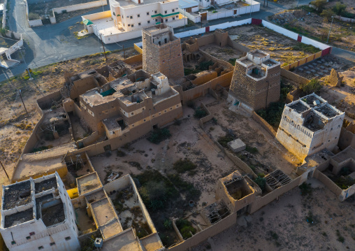 Aerial view of stone and mud houses with slates, Asir province, Ahad Rufaidah, Saudi Arabia