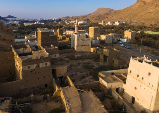 Aerial view of an old village with traditional mud houses, Asir province, Ahad Rufaidah, Saudi Arabia