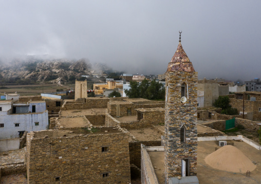 Aerial view of a mosque made of stones, Asir province, Tanomah, Saudi Arabia