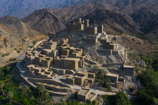 Dhee Ayn marble village aerial view, Al-Bahah region, Al Mukhwah, Saudi Arabia