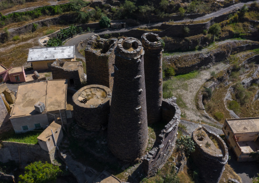 Aerial view of traditional stone watchtowers, Jizan Province, Addayer, Saudi Arabia