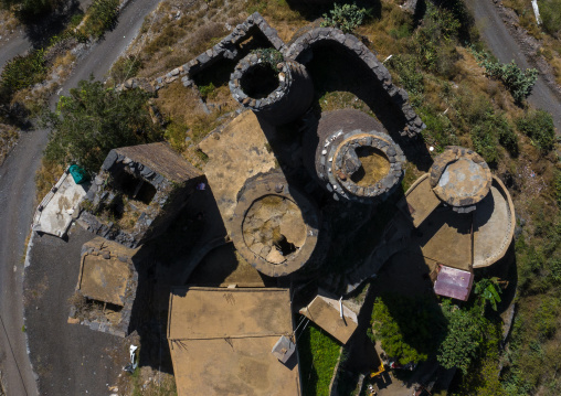 Aerial view of traditional stone watchtowers, Jizan Province, Addayer, Saudi Arabia