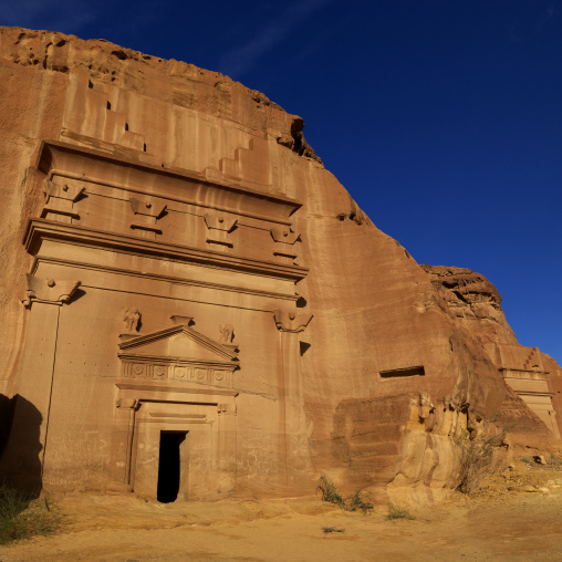 Nabataean tomb in al-Hijr archaeological site in Madain Saleh, Al Madinah Province, Alula, Saudi Arabia