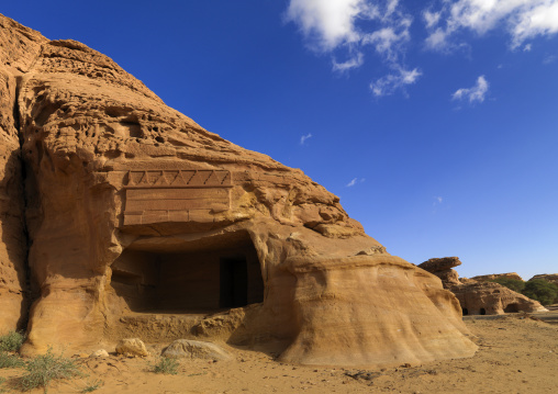 Nabataean tomb in al-Hijr archaeological site in Madain Saleh, Al Madinah Province, Alula, Saudi Arabia