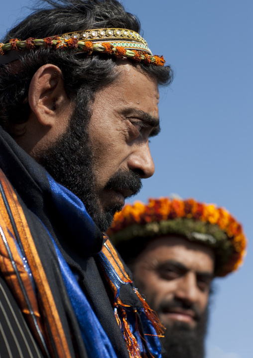 Portrait of flower men wearing a floral crown on the head, Jizan province, Addayer, Saudi Arabia