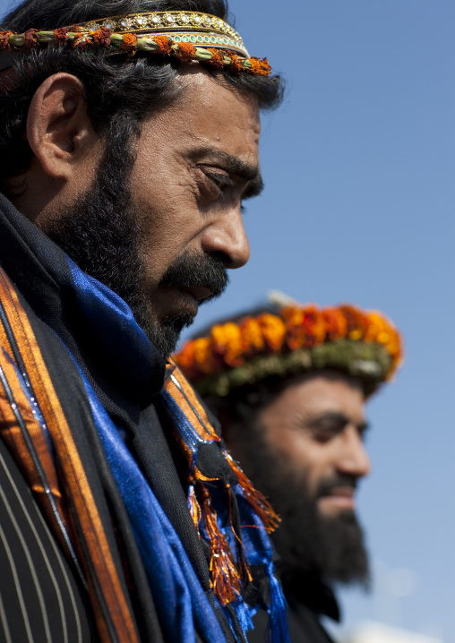 Portrait of flower men wearing a floral crown on the head, Jizan province, Addayer, Saudi Arabia