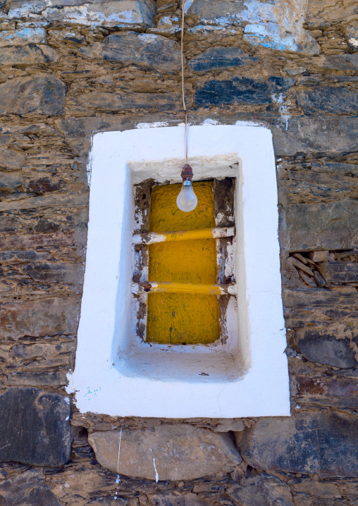 Window in rijal alma traditional village with typical aseeri architecture, Rijal Almaa Province, Rijal Alma, Saudi Arabia