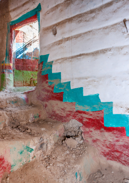 Traditional interior wall decoration made by the women called al-qatt al-asiri in a house, Asir province, Sarat Abidah, Saudi Arabia