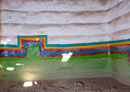 Traditional interior wall decoration made by the women called al-qatt al-asiri in a house, Asir province, Sarat Abidah, Saudi Arabia