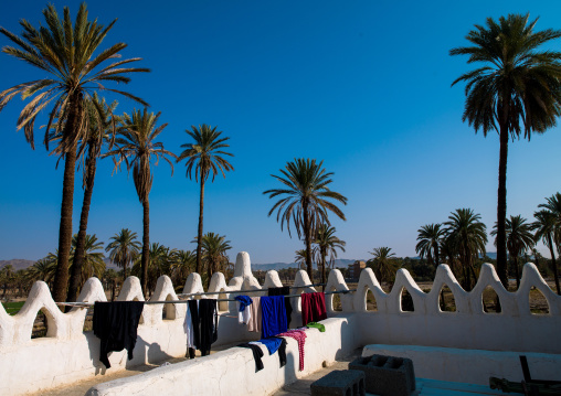 Traditional mud-bricks house terrace in an oasis, Najran Province, Najran, Saudi Arabia
