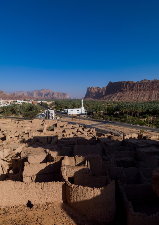 Elevated view of al-ula old town and oasis, Al Madinah Province, Al-Ula, Saudi Arabia